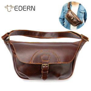 EDERN Luxury Oil Wax Leather Chest Bag for Men Retro Fashion Sling Bag Flap Bag Genuine Leather Waist Bag Anti-theft Crossbody Bag