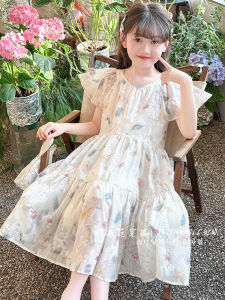 Summer Floral Print Girls Dress with Lace Sleeves Ice Silk Thin Skirt Princesse Style Child Fashion Polyester Fiber 4-14 Years