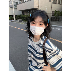 Retro American Striped Oversize Casual Short Sleeve T-Shirt Womens Summer New Style Fashion Brand Korean round Neck Top