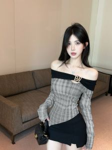 GUZILIAN | Irregular Plaid Long Sleeve T-Shirt Women Spring Pure Desirable Spicy One Shoulder Exposed Slim Fit Small Top Unique Elegant