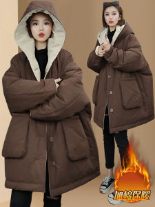 เสื้อแจ็คเก็ตผ้าฝ้ายสองด้านแบบมีฮู้ดสำหรับผู้หญิง ทรงหลวม ความยาวปานกลาง เสื้อคลุมกันหนาวแบบสวมใส่สองด้าน ฤดูหนาว 2025