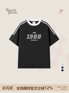 เสื้อยืดคอกลมแขนสั้นผ้าฝ้ายแท้พิมพ์ลายสไตล์อเมริกันย้อนยุคสำหรับผู้ชายและผู้หญิง ทรงหลวมสบาย ๆ สำหรับฤดูร้อน