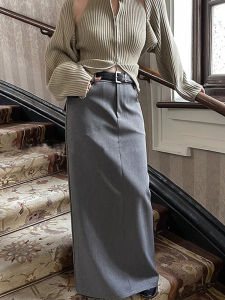plus Size Grey Long Straight Tailored Skirt High Waist Slim Fit Casual Suit Style Split A-Line Skirt for plus Size Women