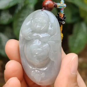 High Quality Light Green Hue Natural Type A Jadeite Jade crafted as Milo Buddha for Pendant certificate weighs 44.34 grams measurement 52.6 * 29.6 * 17.5 mm (pendant289)