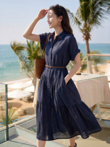 Misoshine | 100 Percent Ramie Minimalist Deep Blue Slimming Shirt Dress