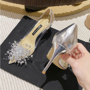 รองเท้าส้นสูงหัวแหลมสุดเซ็กซี่สำหรับผู้หญิง สายเดี่ยวสีทองใส รองเท้าแต่งงานสุดเก๋ไก๋ รองเท้าแฟชั่นสำหรับผู้หญิง