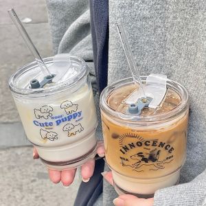 Cartoon Puppy Glass Heat-Resistant Cup Straw Water Coffee Breakfast With Lid Couple Girlfriend Gift Transparent Durable