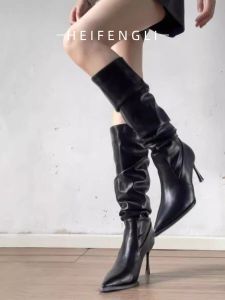 Black Pleated High Heel Boot Pointed Toe Slim Fit Womens Fashion Boot High Tube Long Boot Spring Autumn New Style Winter Long Booties