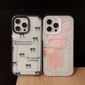 【ร้อน】ข้อเสนอพิเศษ3-In-1กระเป๋าเก็บบัตรสีชมพูผีเสื้อและโบว์ภาษาอังกฤษป้องกันการหล่น TPU + เคสโทรศัพท์พีซีสำหรับ iPhone 6 7 8 X XS XR 1112 13 14ซีรีส์15