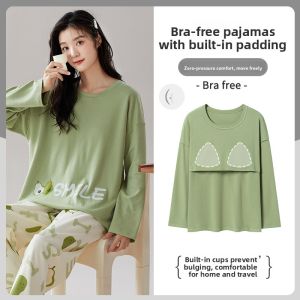 MiiOW | Pure Cotton Sleepwear Womens Spring Autumn Long Sleeve One-Piece Home Clothes Set With Chest Pad Large Size Casual Style