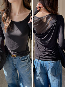 เสื้อยืดคอกลมแขนยาวทรงสลิมฟิตสำหรับผู้หญิง ทรงลำลอง ฤดูใบไม้ร่วง 2025 ดีไซน์ใหม่ ผ้าตาข่ายสีดำ เสื้อชั้นใน