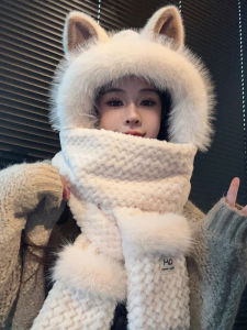 2025 Winter Fox Hat Womens Scarf Integrated Warm Cute Neck Warmer Gloves Three-piece Set Sweet Lovely Style Non-adjustable Youth