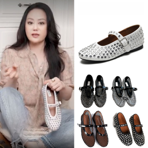 Zhang Xiaoxiao Same Shoes Rhinestone Flats Ballet Shoes Crystal Diamond Fishnet Sandals Cut Out Mary Jane Shoes