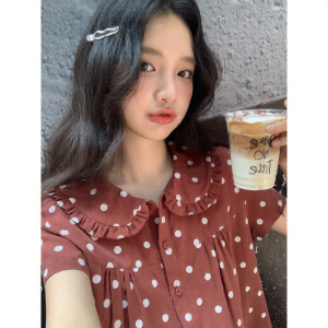 Mixd | Vintage Polka Dot Peter Pan Collar Short Sleeve Blouse Loose Shirt