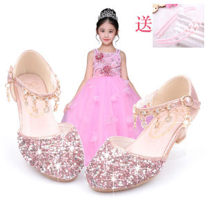 Princess High Heels for Girls 3-12 Years Old Performance Leather Shoes Gold Silver Baby Girl Shoes Korean Style round Toe Shoes