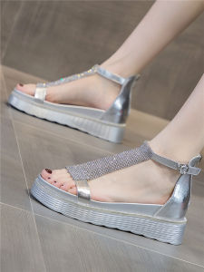 ZFCQ Hong Kong Trendy Brand Summer 2025 Water Diamond Roman Slippers Womens Breathable Fairy Thick Bottom Platform Slippers