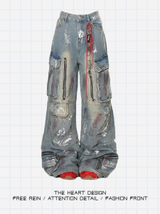 Retro American Graffiti Wide Leg Straight Casual Workwear Jeans Womens Multi-Pocket Heavy Design Long Trousers