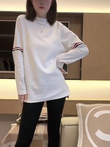 Womens Mid-Length T-Shirt with Color Block Weave Belt Fleece Lined Loose Slimming Casual Style Spring Autumn Fashion