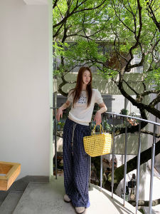 Checked Wide Leg High Waist Blue Casual Pants
