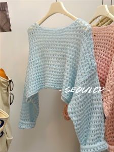 Seoulcp Hollow out Knitwear Short Style Womens Spring Outerwear Layering Top Long Sleeve Overhead round Neck Viscose Fiber