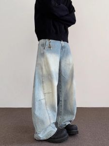กางเกงยีนส์ทรงหลวมขาตรงสำหรับผู้ชายสไตล์อเมริกัน High Street Cleanfit Deconstructed Design Sensation Knife กางเกงขายาวลำลอง