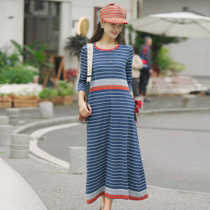 Slim Fit Striped Design round Neck Midi Dress Seven Sleeve A-Line Skirt Cotton Polyester Blend Comfortable Commute Style Dress