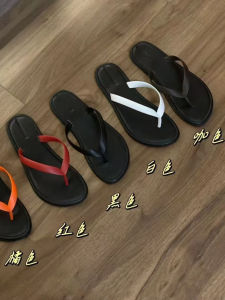 High-End French Style Flat Bottom Leather Sandals Womens Casual Slip-On Shoes Outdoor Wearable Leather Thong Slippers