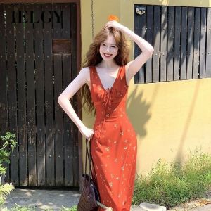 IELGY Deep V floral lace stitching design niche suspender A-line long dress for women
