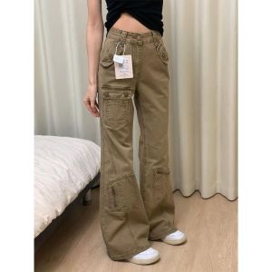 American Style Workwear Flared Denim Jeans Womens Small Size High Waist Loose Slimming Design Multi-Pocket Wide Leg Pants