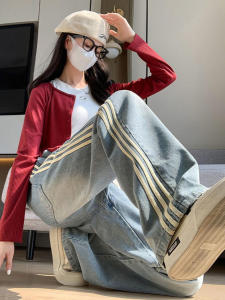 American Style High Waist Loose Womens Jeans Striped Vintage Sport Wide Leg Pants for Pear Shaped Body Autumn New Arrival