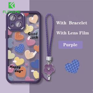 FLOVEME With Wrist Strap Bracelet Love Heart Painted Phone Case For iphone 14 13 12 11 Pro Max 14 Plus With Lens Film Protector INS Style Clear Soft TPU Shockproof Back Cover For iphone X XR XS Max