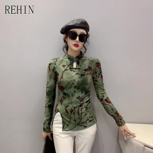 REHIN Womens top Autumn new fashion stitching mesh long-sleeved T-shirt half high collar all-match pile collar elegant blouse
