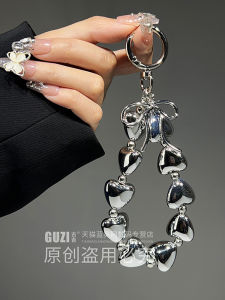 Titanium Metal Phone Strap Plated Heart Beads Wrist Style Hanging Decoration Mobile Phone Case Pendant Chain Trendy Bag Keychain Creative DIY Women High End Simple Butterfly Knot