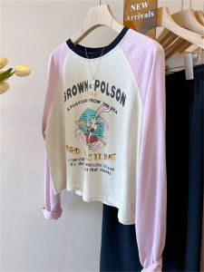 Cartoon Print Color Block Long Sleeve T-Shirt Womens Loose Slimming Short Style Korean Version Commute Autumn New Arrival