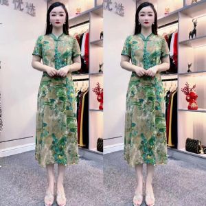 Elegant Mid-life Womens Cheongsam Dress Floral Print Slimming A-line Skirt Mommy Style Commute Spring Summer New Arrival