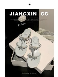 French Rhinestone Leather Sandals Womens Summer Medium Heel Toe Post Butterfly Knot Outdoor Wear Thick Heel Roman Shoes