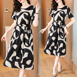 ชุดเดรสยาวคลุมเข่าทรงเอแขนสั้นพิมพ์ลายผ้าไหมหรูหราสำหรับผู้หญิงแฟชั่นความประทับใจ Tunik Serut ขนาดพิเศษ