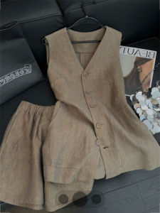 XUNZHU | Vintage Elegant Women Linen Set Sleeveless Vest Shorts