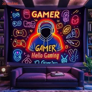 VIKAMA Neon Gamer Tấm Thảm Thẩm Mỹ Thiết Kế Bộ Điều Khiển Trò Chơi Treo Tường Cho Phòng Ngủ Ký Túc Xá Trang Trí Nhà Polyester Không Dệt In Hình