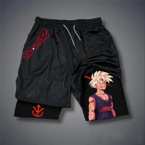 Dragon Ball Mens Double Shorts Vegeta Japanese Anime Summer Fake Two-piece Sports Shorts 2-in-1 Harajuku Y2K Fitness Pants