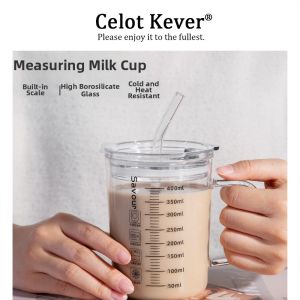 Measurement Scale High Borosilicate Glass Cup With Lid and Straw