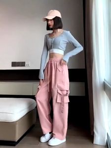 Y2K Wide Leg Cargo Pants Women Vintage Sport Casual Baggy Straight Cut Plus Size Outdoor Multi Pockets High Waist Ladies Dance Woman Long Trousers