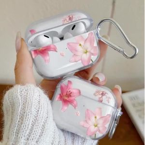 Pink Lily Flower Pattern Clear TPU Earphone Case for AirPods Pro/Pro3/Pro2 Protective Case for AirPods 4/3/2/1 Headphone Covers