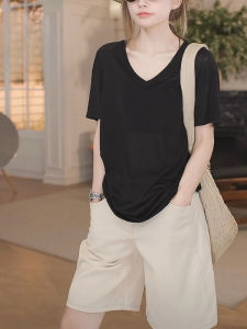 เสื้อยืดคอวีแขนสั้นผ้าฝ้ายกันหนาวสำหรับผู้หญิง ทรงหลวม ระบายอากาศได้ดี ใส่สบาย ช่วงฤดูร้อน เสื้อผ้ากีฬา