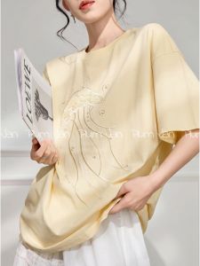 PlumJan | Áo Thun Mùa Hè Phong Cách Rộng Rãi Trang Trí Ngọc Trai