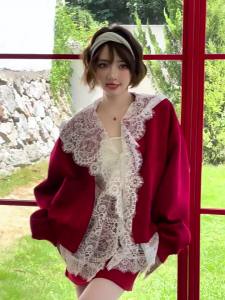 MIUCO | Bộ Quần Áo Pháp Đỏ Đơn Giản Có Hood Và Ren 3 Món