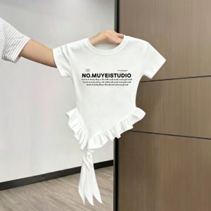 Heart Letter Print Cotton T-shirt with Irregular Hemline Ruffle Trim and Streamer