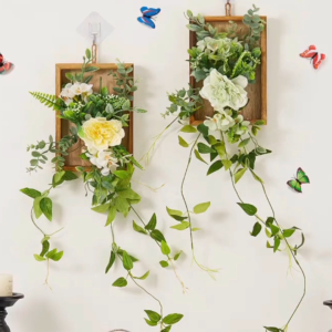 Artificial Wall Hanging Plant Artificial Flower Hanging Wall Plant Home Wall Decoration with Fairy Light Rustic Wooden Cottage Cascade Series Round Frame Floral Decor for Living Room Bedroom Cafe Office Indoor Outdoor Wedding Event Party Decoration