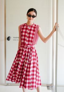 Miyake เดรสจับจีบระดับไฮเอนด์ลายสก็อตสไตล์ชนบทเดรสเอวบางมีเชือกผูกแบบสดใส #3657