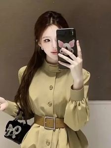 QFN | Elegant Stand Collar Slimming Coat for Women Khaki